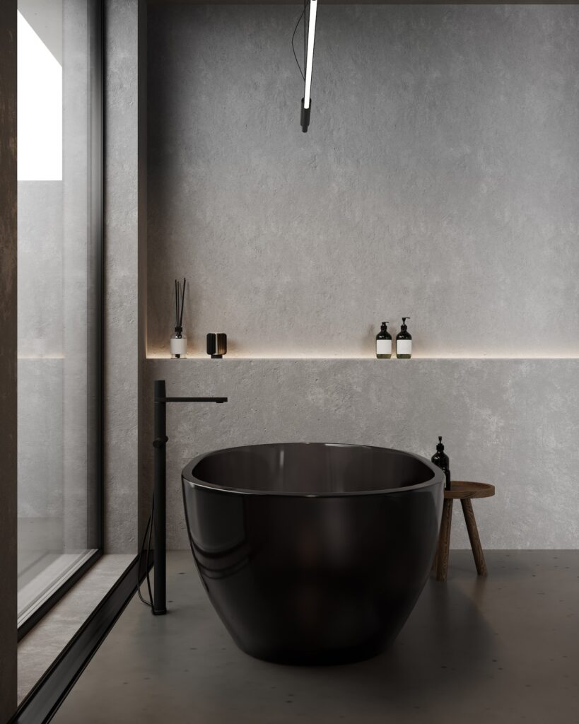 Modern concrete loft bathroom with class bathtub, 3d render