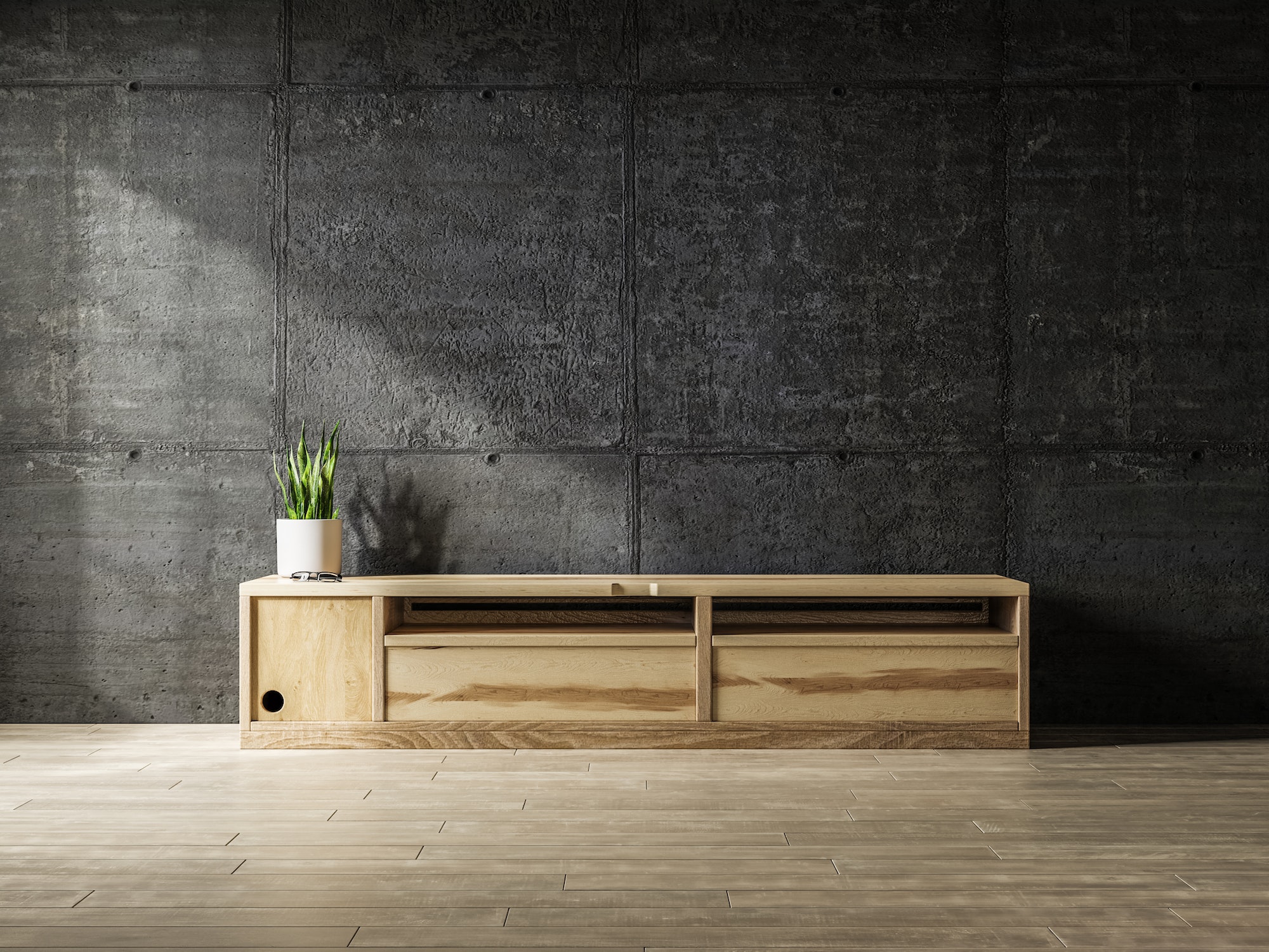 Simple minimal cabinet for tv interior concrete wall mockup.